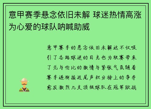意甲赛季悬念依旧未解 球迷热情高涨为心爱的球队呐喊助威