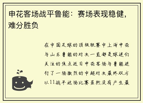 申花客场战平鲁能：赛场表现稳健，难分胜负