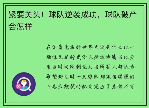 紧要关头！球队逆袭成功，球队破产会怎样