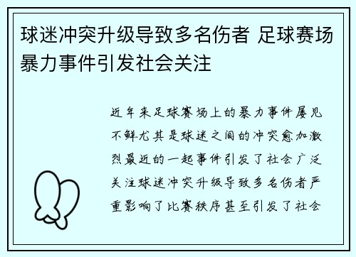 球迷冲突升级导致多名伤者 足球赛场暴力事件引发社会关注