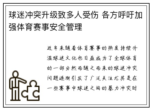 球迷冲突升级致多人受伤 各方呼吁加强体育赛事安全管理