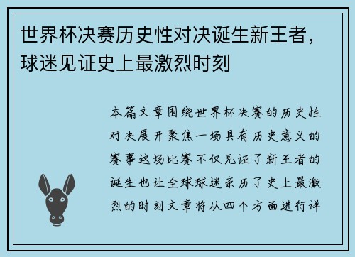 世界杯决赛历史性对决诞生新王者，球迷见证史上最激烈时刻
