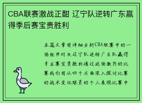 CBA联赛激战正酣 辽宁队逆转广东赢得季后赛宝贵胜利