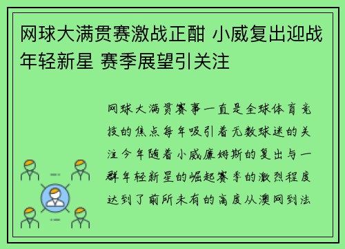 网球大满贯赛激战正酣 小威复出迎战年轻新星 赛季展望引关注